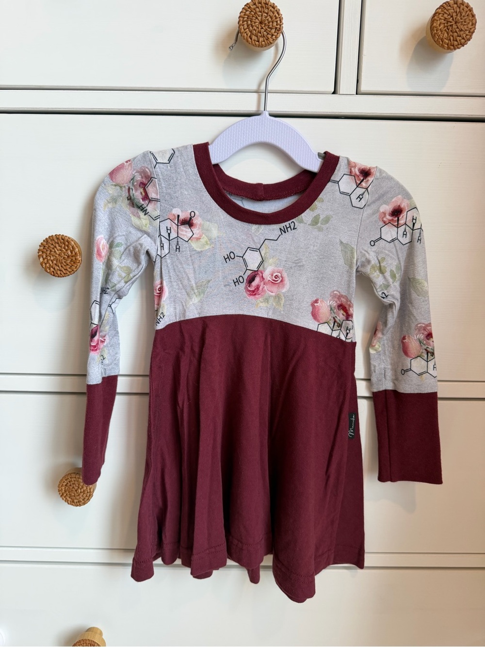 Girls' Burgundy & Gray Floral Long Sleeve Dress 6-18Months